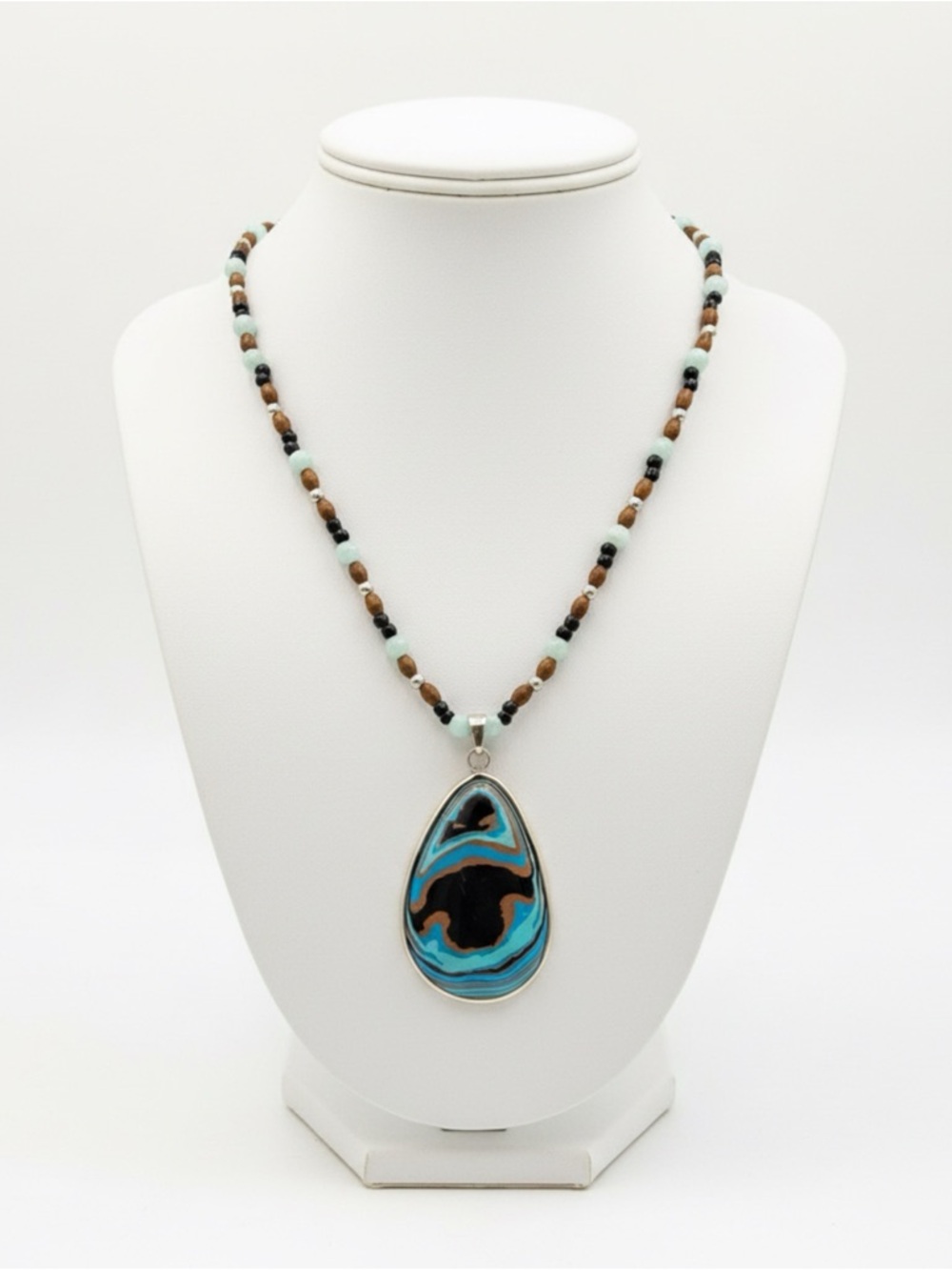 Artisan Fordite Teardrop Pendant Beaded Necklace Amazonite & Wood Stone Accents